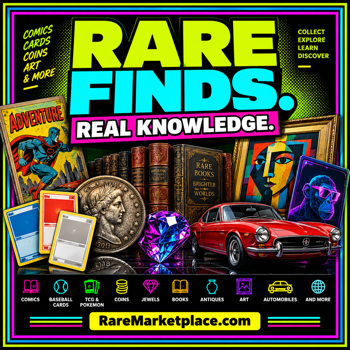 Rare finds, real knowledge: a neon collage of comics, cards, coins, jewels, books, art, digital collectibles, and a vintage car.